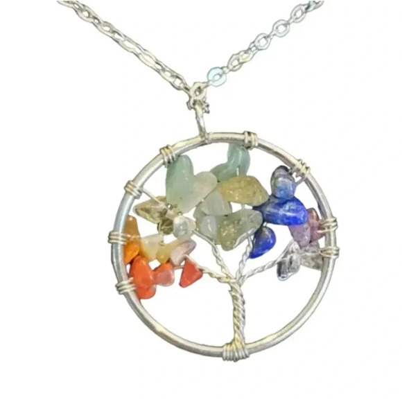 Chakra Tree of Life Necklace Wire Wrapped with Stone Chips- Silver - Picture 1 of 8